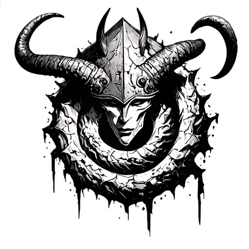 anthropomorphic figure without eyes, with a wide horned helmet, body as if carved from stone; around a spiral of torn ro tattoo design idea