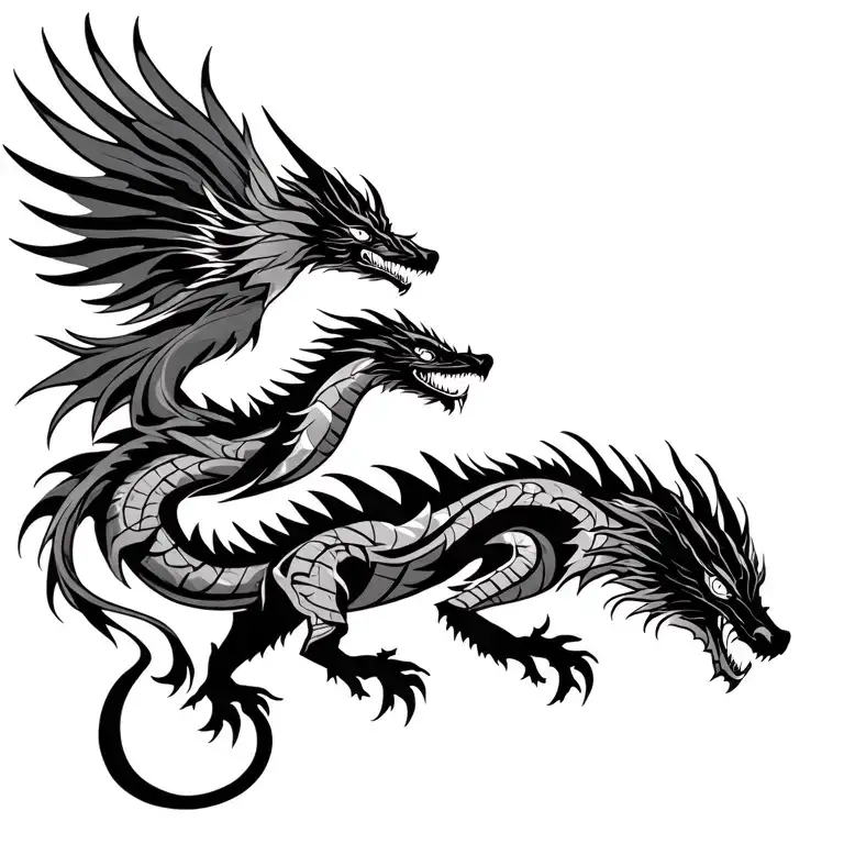 fierce dragon and Phoenix battling through polynesian tribal tattoo design idea