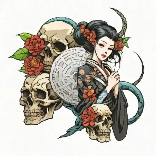 a beautiful Japanese girl with skulls, tight coloring. tattoo design idea