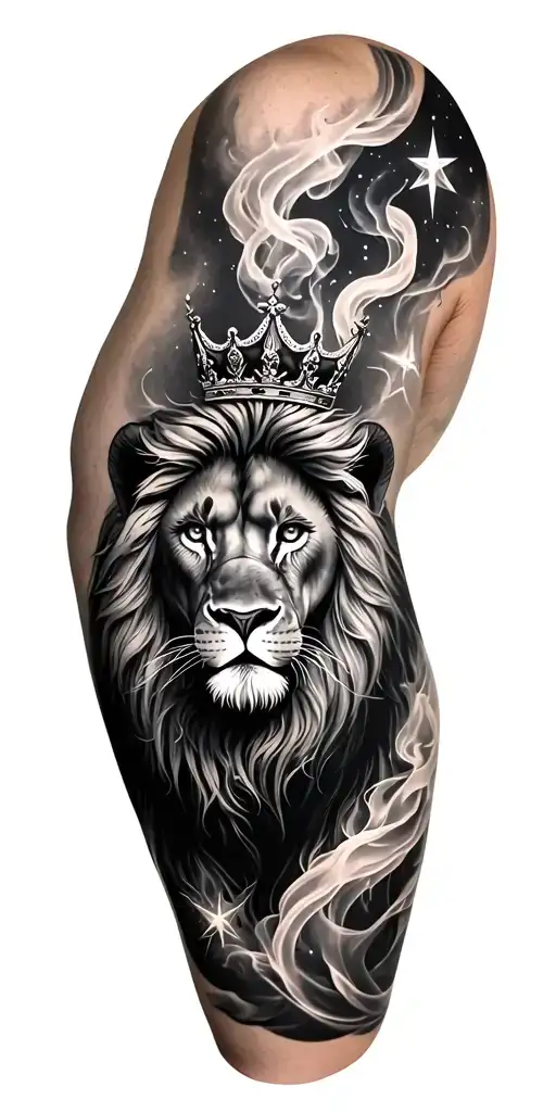 Full arm tattoo featuring zodiac leo with stars and constilations lion with crown and smoke tattoo design idea