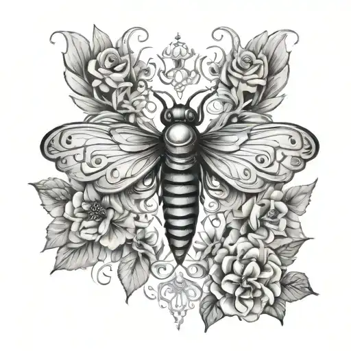 Symmetrical sternum tattoo featuring a death moth with its wings spread as the central focus. floral and femanine. tattoo design idea