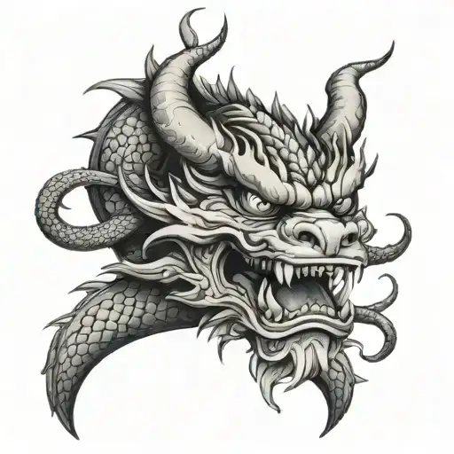 japanese dragon wearing oni mask tattoo design idea