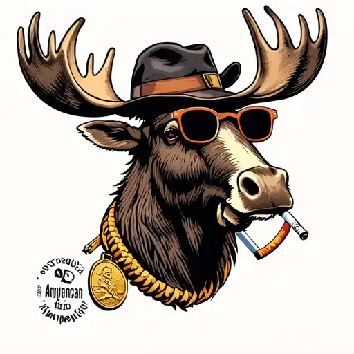 Moose head on the wall with a cigarette in his mouth, tiny hat on his head, a gold medal around his neck, 3D glasses tattoo design idea