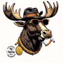 Moose head on the wall with a cigarette in his mouth, tiny hat on his head, a gold medal around his neck, 3D glasses tattoo design idea
