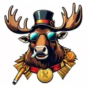 Moose head on the wall with a cigarette in his mouth, tiny hat on his head, a gold medal around his neck, 3D glasses tattoo design idea
