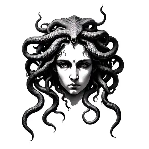 Medusa head looking straight with snakes entwined on each side  tattoo design idea