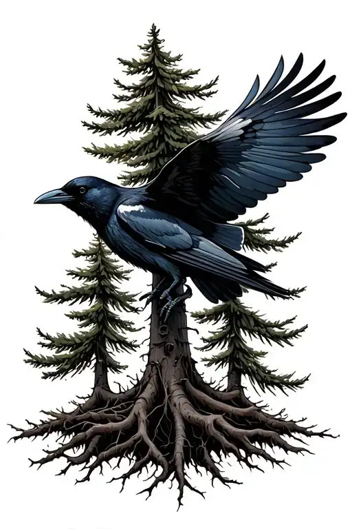 crow flying surrounded by slim pine trees with roots tattoo design idea