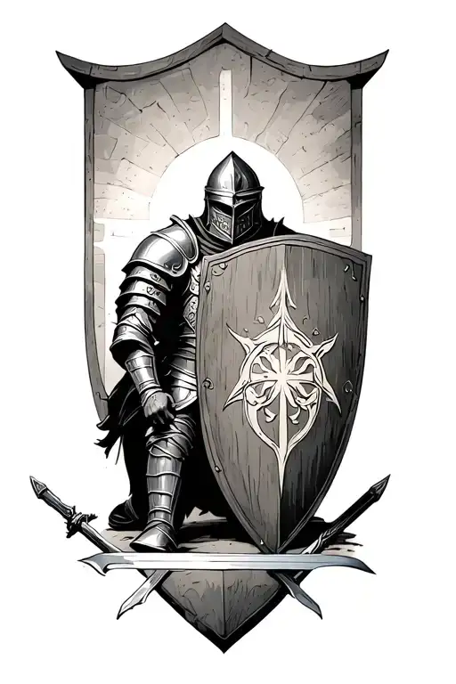 13th century knight kneeling before the shield of a fallen knights shield while resting on his two hand sword  tattoo design idea