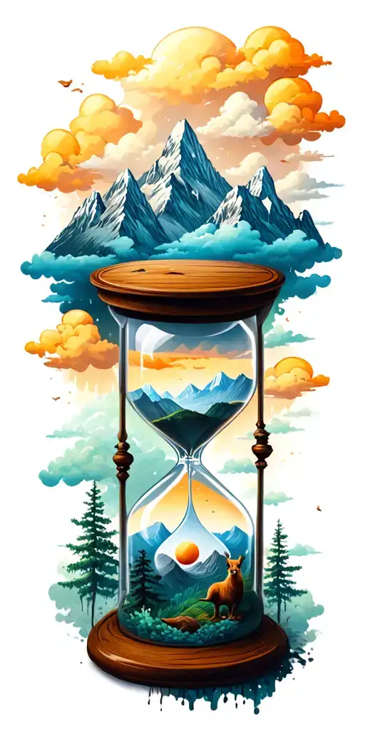 mountains, clouds, animals, hourglass , tree tattoo design idea