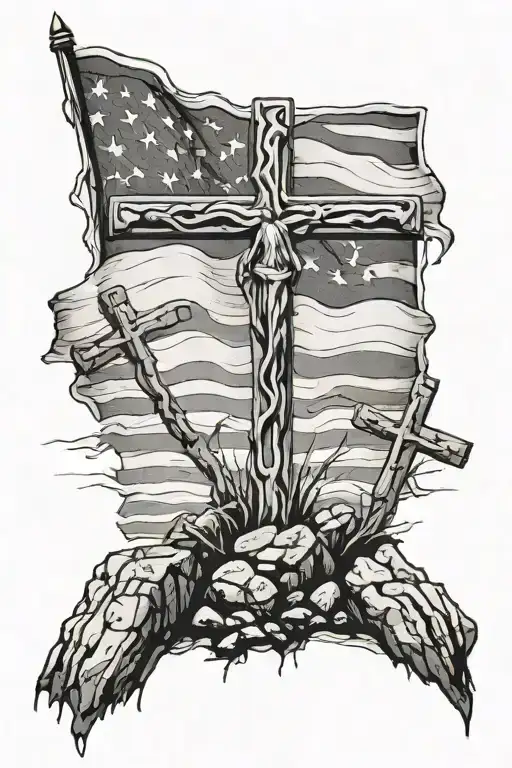 3 crosses on rugged hill, american flag with praying hands above the crossed  tattoo design idea