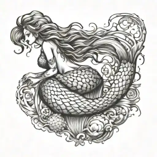 mermaid from behind and ocean floor plan tattoo design idea