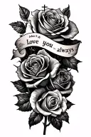 masculine tattoo featuring roses, a cross, and the text “John 3: 16” with "Love you always" black n white tattoo design idea