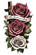 masculine tattoo featuring roses, a cross, and the text “John 3: 16” with "Love you always" black n white tattoo design idea