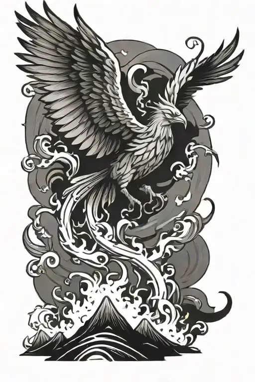 phoenix rising from flames over a Japanese village tattoo design idea