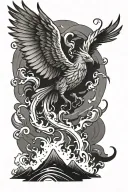 phoenix rising from flames over a Japanese village tattoo design idea