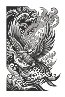 phoenix rising from flames over a Japanese village tattoo design idea