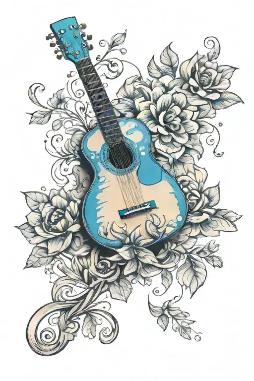 blue acoustic guitar with good wood grain and a flower element in the background tattoo design idea