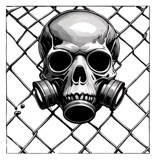 skull wearing gas mask behind fence negative space tattoo design idea