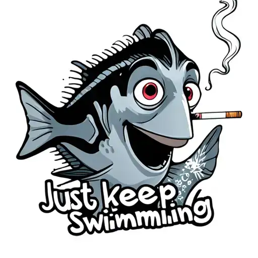 Dory, looking beat down from life, tatooed and smoking a cigarette, with "Just keep swimming" written underneath her tattoo design idea