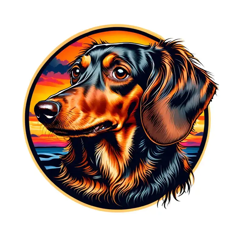 long haired dachshund outline filled with sunset design tattoo design idea
