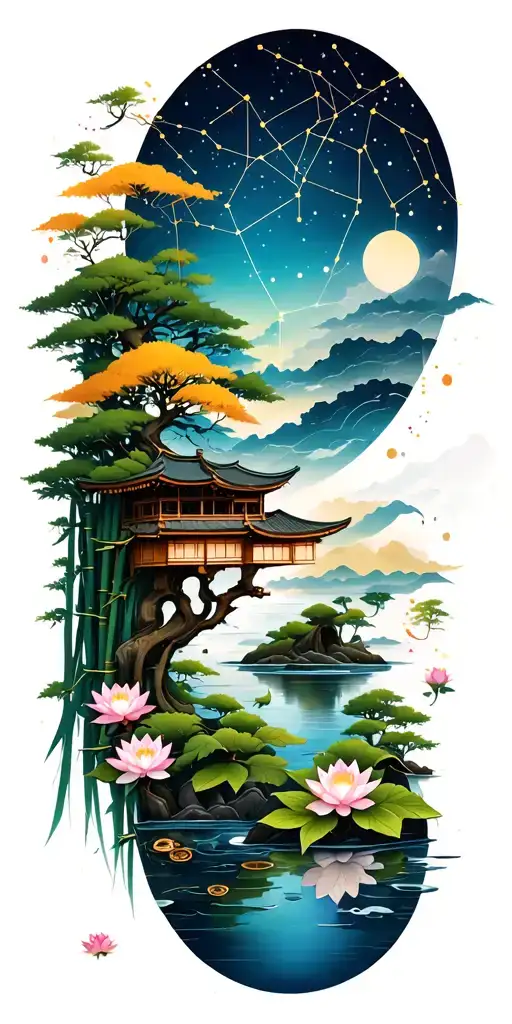 random constellation over layered Japanese landscape of trees,water,bamboo,scattered lotuses,and wood mechanical gears. tattoo design idea