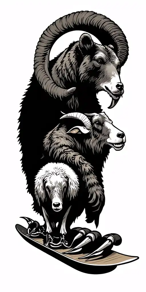 tribal wharf, bear, claw, sun, moon, bighorn, sheep, snowboarder sleeve tattoo design idea