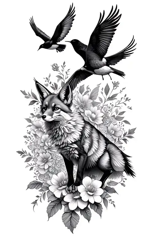 floral lace with birds flying, fox trotting tattoo design idea