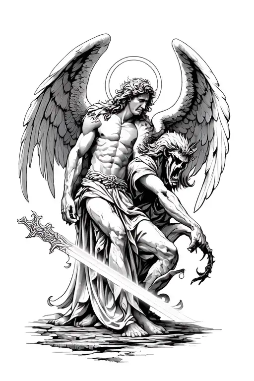 Saint Michael the Archangel defeating Satan with a glowing sword tattoo design idea