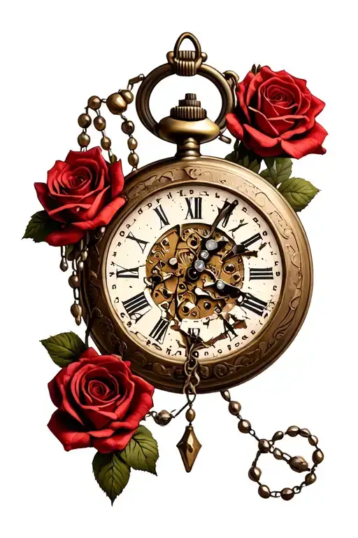 broken pocket watch carpenters tools with a rosary draped all over/around the tools and roses lining right and left side tattoo design idea
