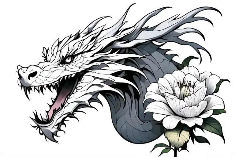 white dragon with carnations iris lily tattoo design idea