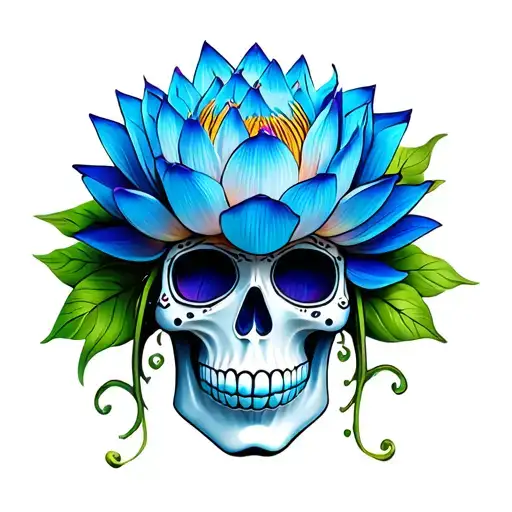 blue lotus flower on green multicolored sugar skull tattoo design idea