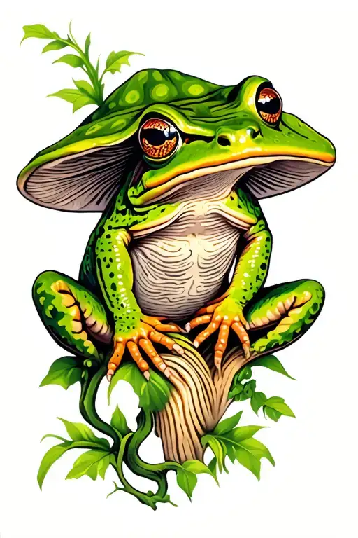 bufo toad sitting on cap of psilocybin mushrooms with ayahuasca vines tattoo design idea