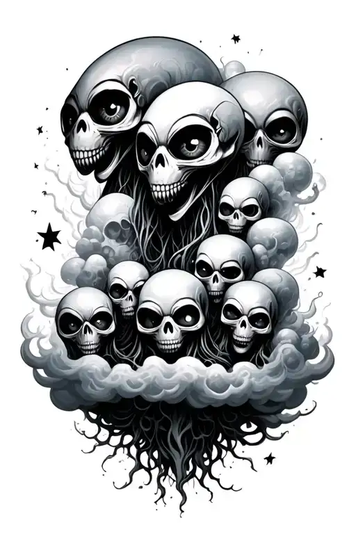 aliens in clouds surrounded by eyeballs and skulls and ghosts tattoo design idea