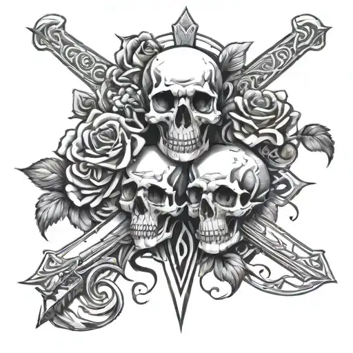 2 skulls on chest over nipples, roses celtic sword downward tattoo design idea
