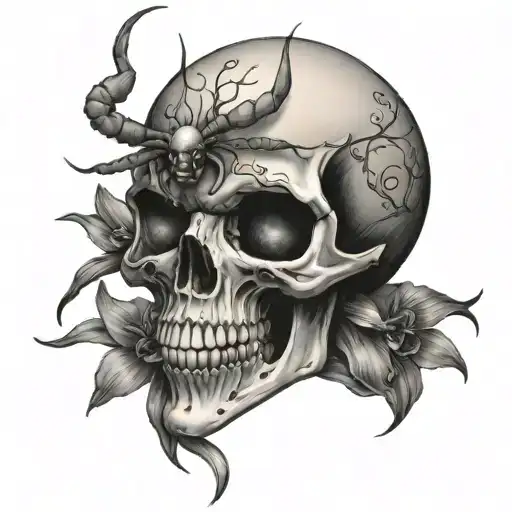skull, irises, orb weaver spider crawling tattoo design idea