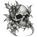 skull, irises, orb weaver spider crawling tattoo design idea