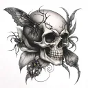 skull, irises, orb weaver spider crawling tattoo design idea