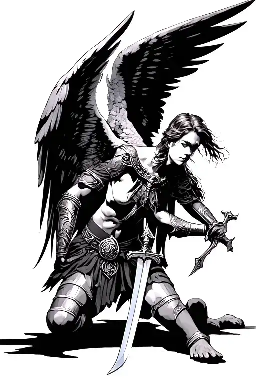 warrior angel kneeling with sword standing with wings wide open tattoo design idea