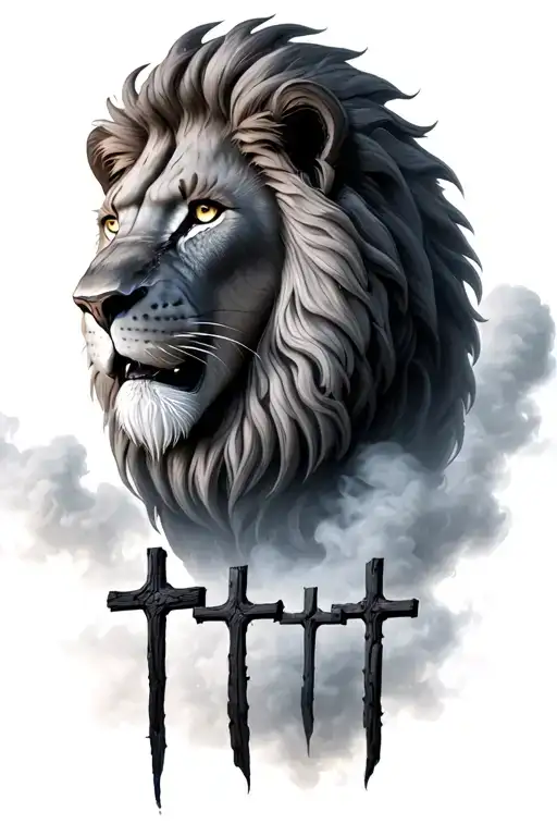 grey lion looking to the right, three black wooden crosses below the lions head. realistic smoky clouds surrounding head tattoo design idea