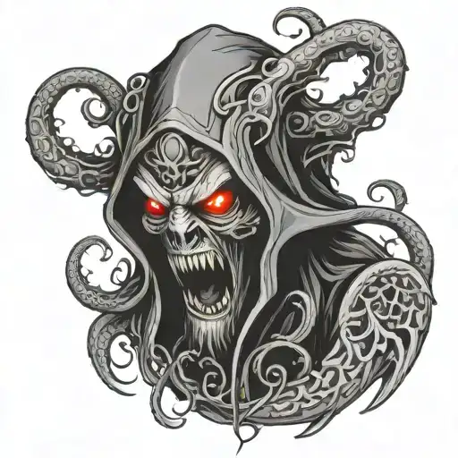 Hooded demon with tentacles protruding from around his dark shape tattoo design idea