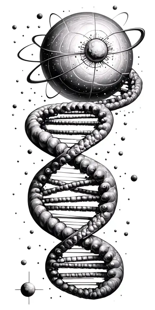 evolution of life and the universe, the atom symbol, a dna double helix, a dyson sphere, the big bang, quantum particles tattoo design idea