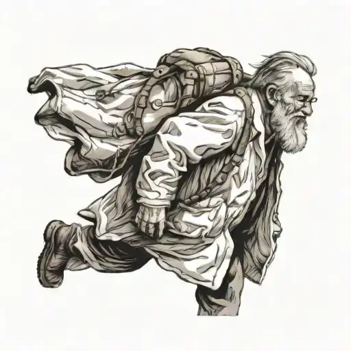 old man with beard and scientist coat walking, three-quarter view from above tattoo design idea