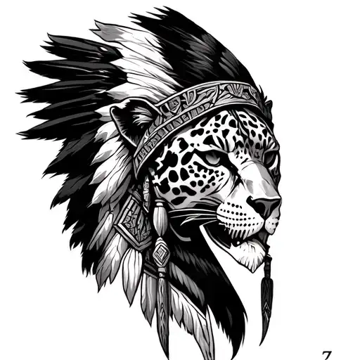 Chief headress Jaguar Skull Warrior stipple tattoo, minimal tattoo design idea
