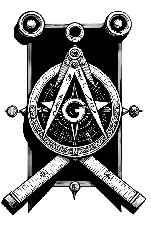 Free mason compass, black and white, japanese theme, fine line tattoo design idea
