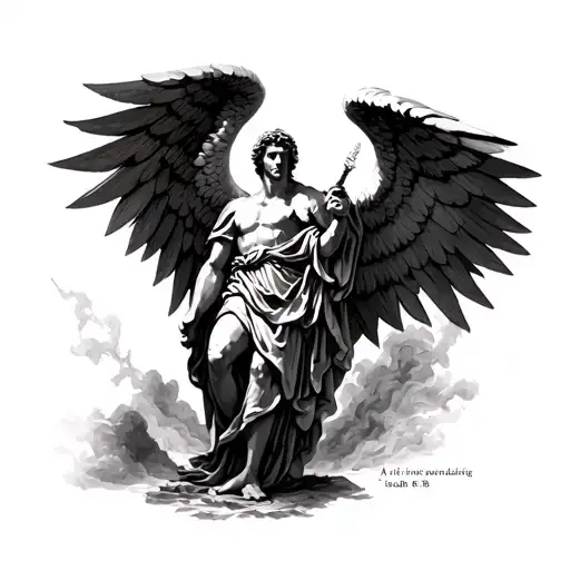 Saint Michael drawing outline and small shading mostly. with Isaiah 6:8 quote wrapped into/ around it in english tattoo design idea