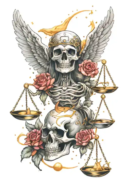 libra constellation, my attitude is either good/bad, with skull and angel wings tattoo design idea