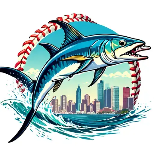 A blue marlin jumping out of the water with the city of Miami in the background with a giant baseball behind the city. tattoo design idea