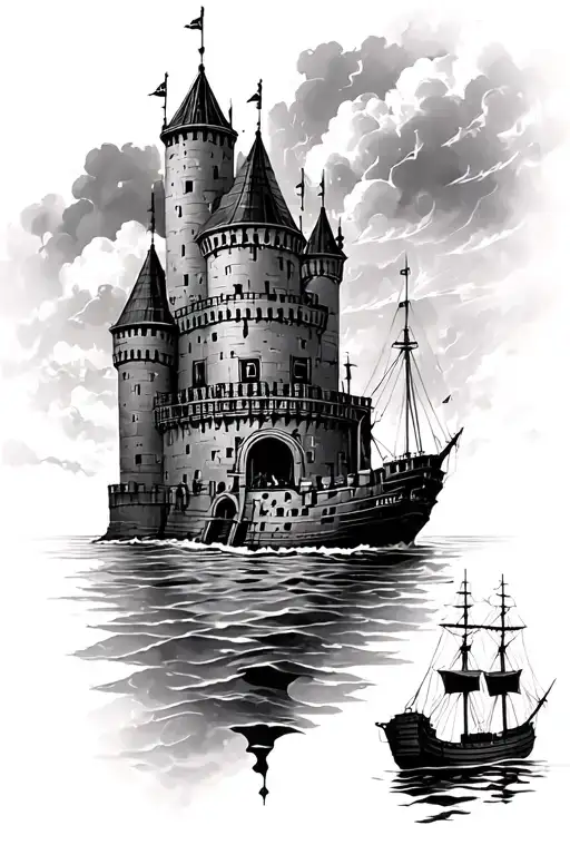 castle that simulates a prison with sea and a ship tattoo design idea