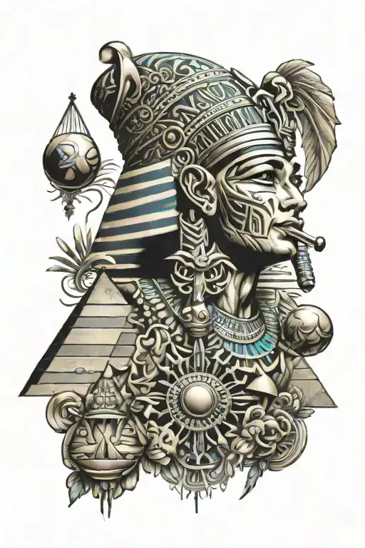 An egyptian tattoo with pyramids, mummies and musicians antiques musical instruments. use psychedelic colors tattoo design idea