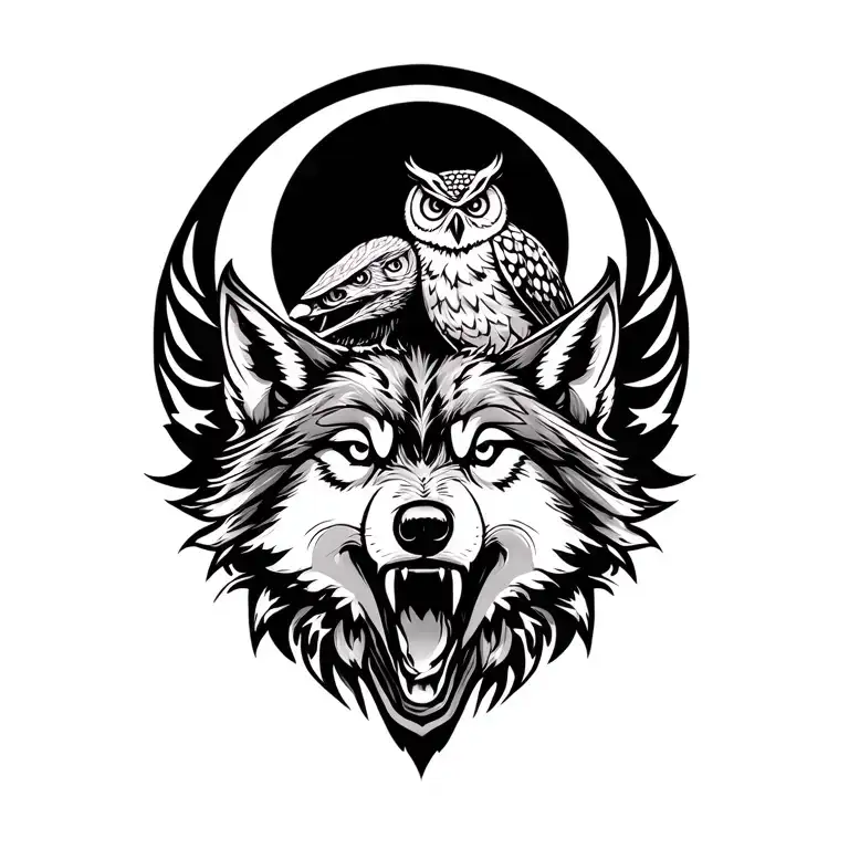 growling wolf & owl perched on top tattoo design idea